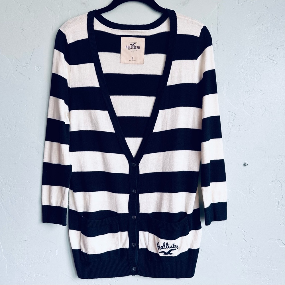 Hollister Women Navy Cream Striped Logo Cardigan Coastal Nautical Preppy L EUC